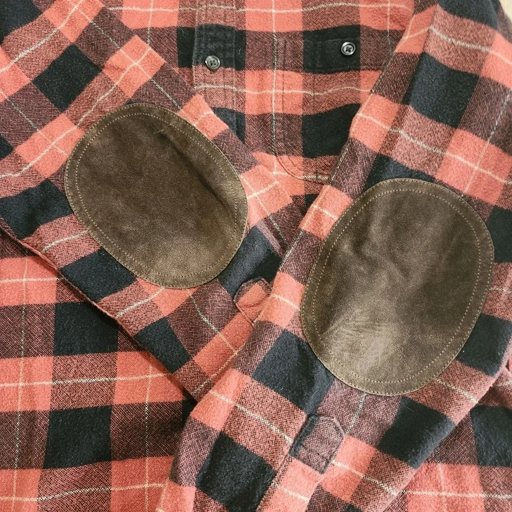 J.Crew Flannel Shirt Mens Small Red Plaid Wool Blend Elbow Patch Workwear